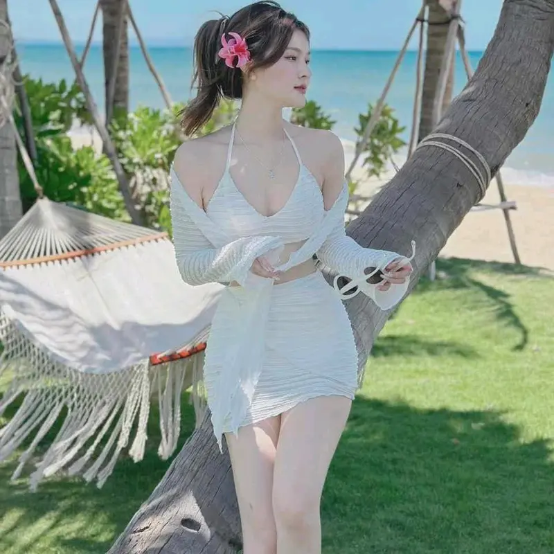 Sét đồ bikini mặc đi biển du lịch sét 3 món Ren lỗ áo Bra có mút dày kèm áo khoác tay dài mix chân váy mini khoe dáng siêu xinh sexy Nữ Women Kem 2 màu cuốn hút 3