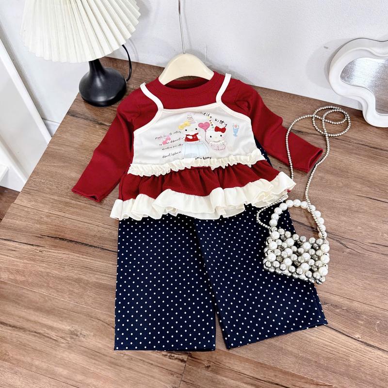  BK65 - Set bộ bé gái Áo bèo đỏ mix quần chấm bi kiểu dáng dễ thương chất liệu mềm đẹp đủ sz cho các bé gái từ 13 - 35kg 