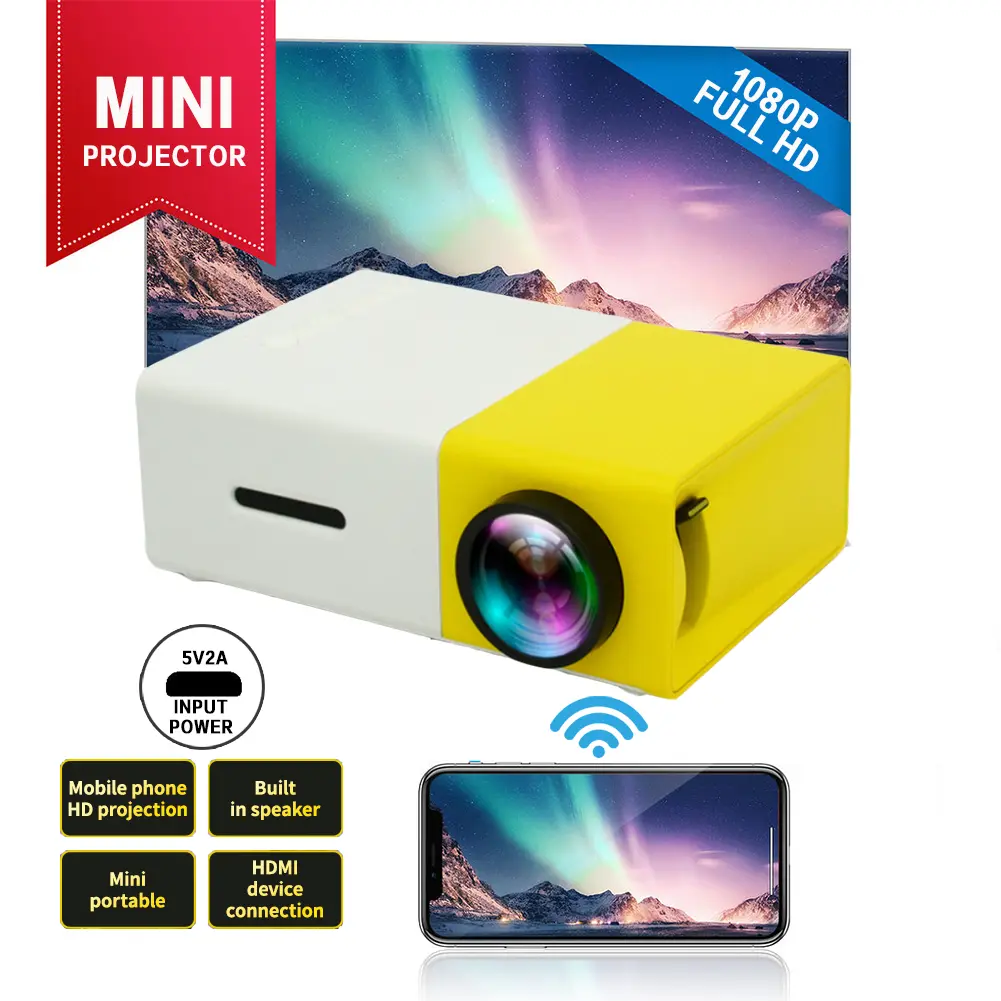 Projektor , untuk Telefon Bimbit, Teater Rumah Mudah Alih, Projektor LED Murah, Projektor Pico, YG300, dengan Port USB dan HDMI, Sesuai untuk Komputer Riba, Projektor Rumah Putih Audio premium        with Hitam Amplifier      4k android projector