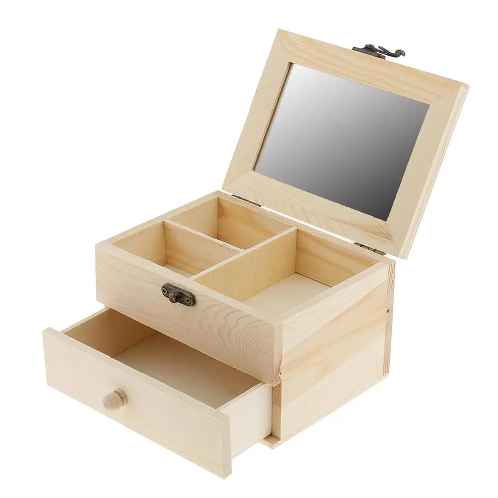 2 Tiers Plain Unpainted Wooden Jewelry Box Organizer Storage