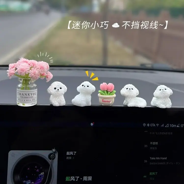 Cute Bichon Frise Car Ornament for Girls, Adorable Car Interior Dashboard Stress Relief Decoration, Little Bichon Dog Figurine