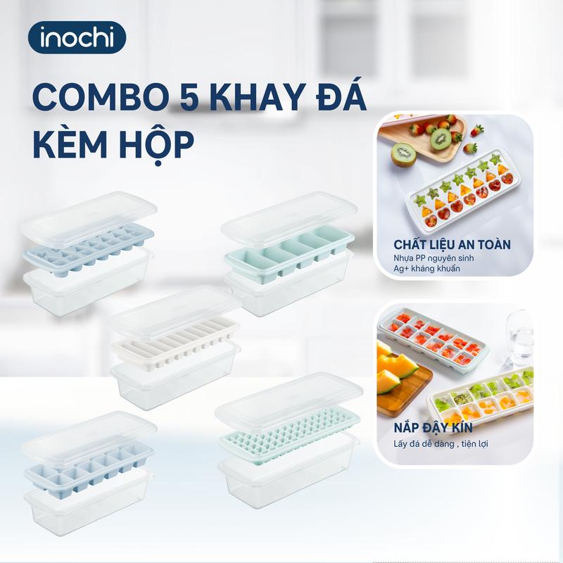 Combo 5 khay đá Inochi kèm hộp tiện lợi, cao cấp, dễ dàng lấy đá - làm đá, kem