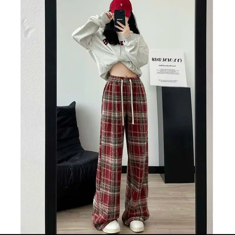 [Lót Nỉ] Quần Dạ Kẻ Caro Lót Nỉ, Ống Rộng, Dáng Suông Tahie Store của Nữ quần  caro nâu quần  nỉ lông quầnnỉ thụng bông dài 2