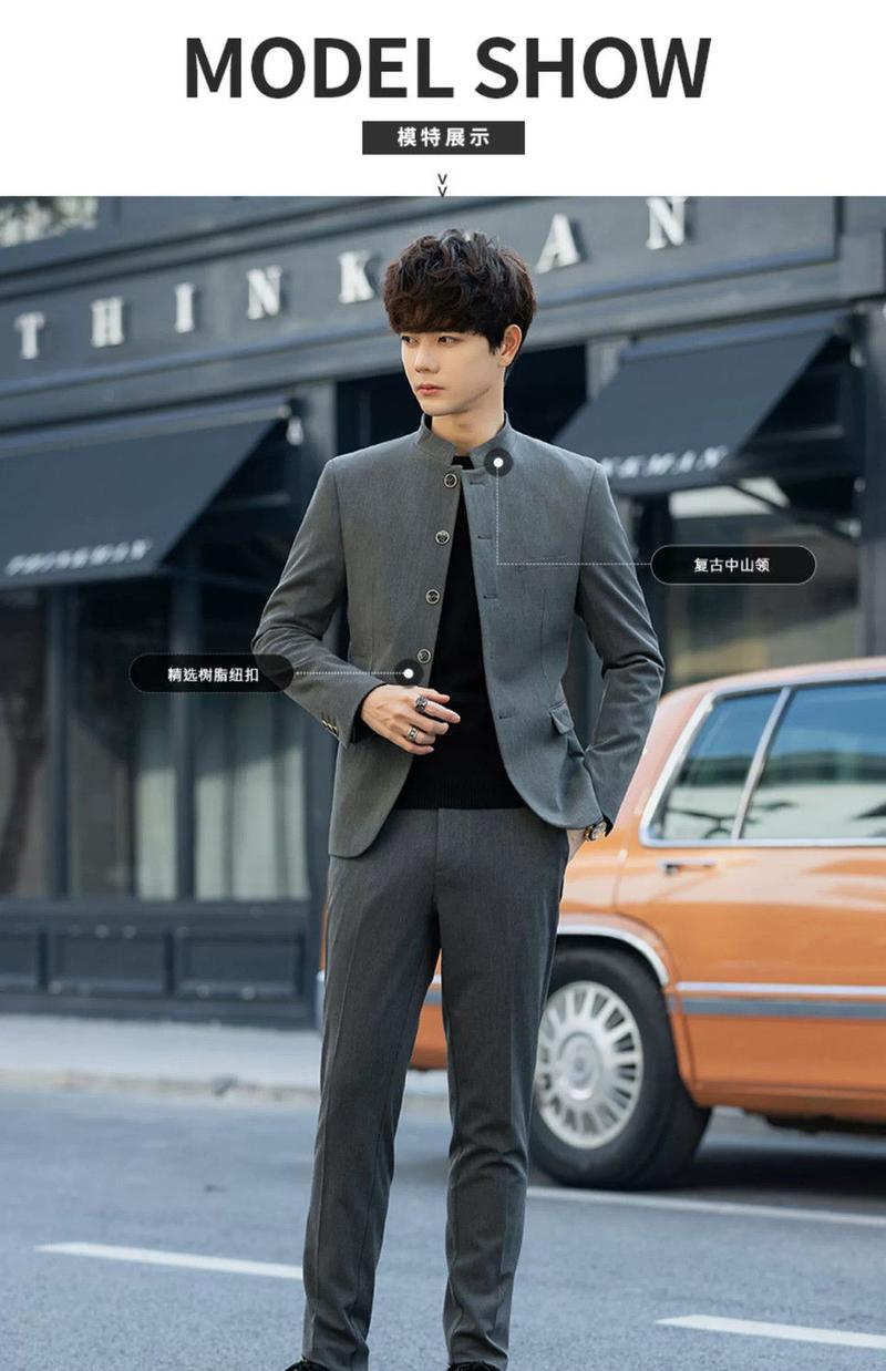 Product Introduction of Spring and Autumn Zhongshan Suit 2023 Men's Trendy Pu Handsome Slim Fit Chinese Stand Collar Handsome Tang Suit Coat Youth Suit Suit Sport 11