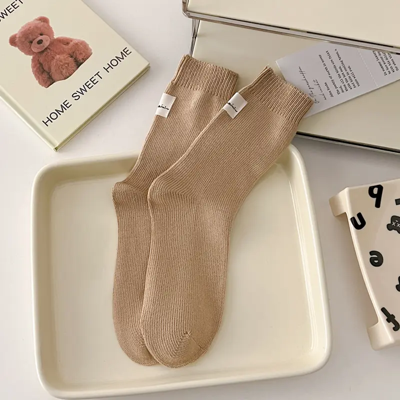 Tất Bông Thấm Hút Mồ Hôi, Hàng Mới Về, Tất Xếp Chồng, Dòng Kem Nữ, Dễ Phối Đồ, Phong Cách, Nhãn Vải Hàn Quốc, Tất Ống Giữa, Hợp Xu hướng