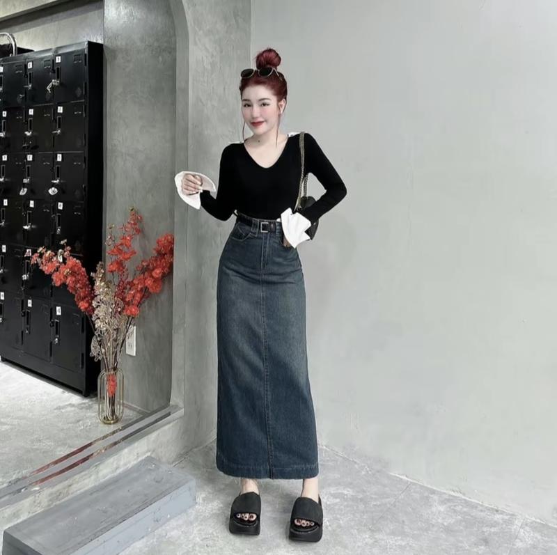 [3 Màu] Chân Váy Jeans Dáng Dài 90cm Tháo Gấu Tua Rua Xẻ Sau Dáng Chữ A 3 Màu (ảnh thật shop chụp)V48 - NgocDiepVuSTORE