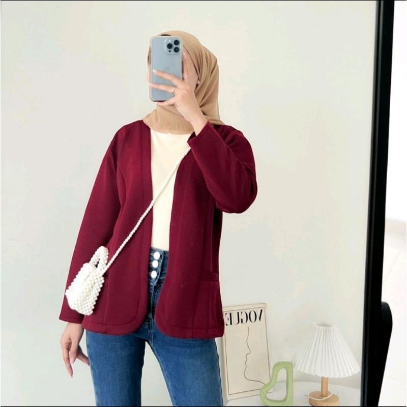 Blazer WANITA Kekinian Scuba polos Tanpa kancing Nabila Blazer Outer OOTD Basic Jaket Cewek Atasan Casual Panjang Hitam Tebal 2
