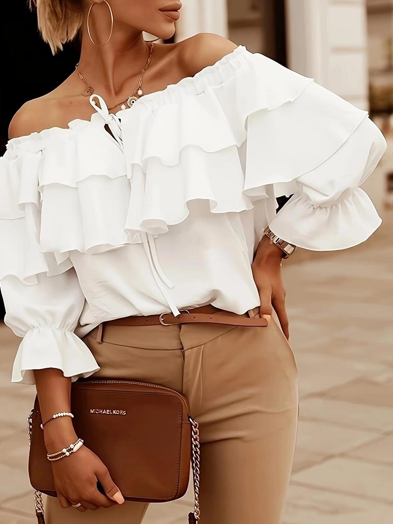 Product Introduction of Women's Plain Frill Trim Tie Front Off Shoulder Blouse, Elegant Ruffle Trim Flounce Sleeve Tiered Layer Top for Spring & Fall, Ladies Clothes for Daily Wear 1
