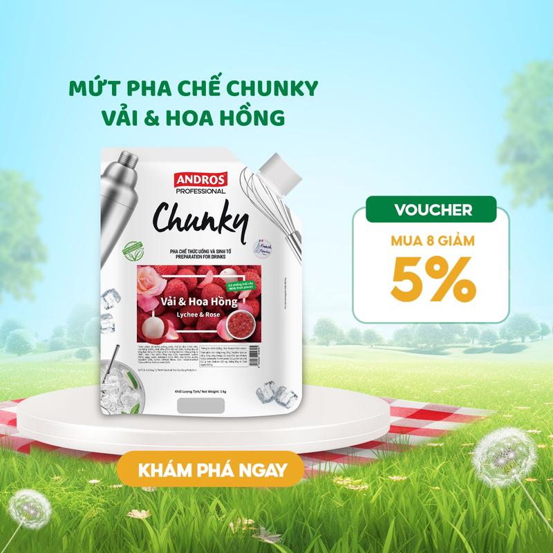 Mứt Trái Cây Pha Chế Vải & Hoa hồng - Có miếng Trái Cây Thật - Vị Chua Ngọt Tự Nhiên - Nguyên liệu pha chế - ANDROS CHUNKY - 1kg