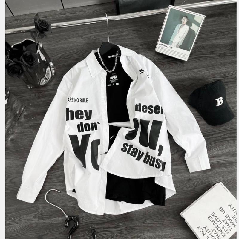 Áo somi trắng chữ đen HangTongQc tay dài Sơ Mi