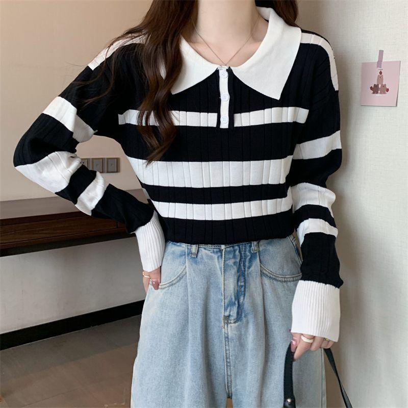 Product Introduction of Striped Polo Collar Knitwear for Women 2024 Spring and Autumn New Contrast Color Design Chic Slim Short Long Sleeve Top Womenswear Lingerie Comfort Knitting Collared 10