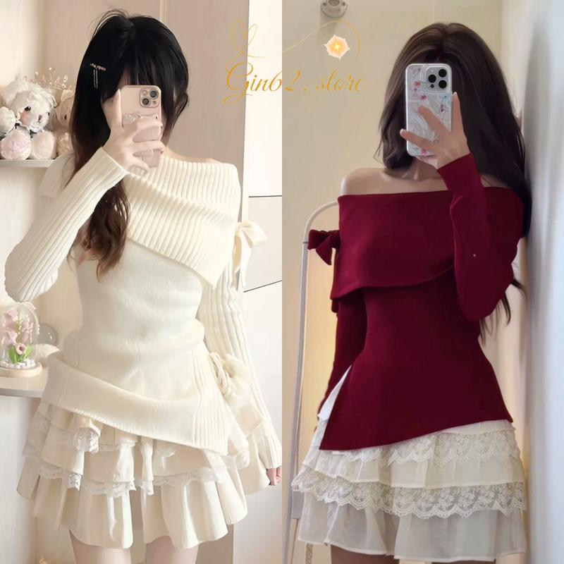 Áo len trễ vai đính nơ phối với chân váy voan tầng 2 lớp cho noel hoặc tết G145 set áo