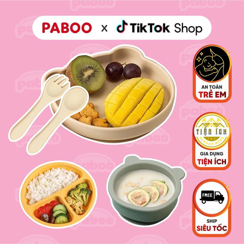 Bát ăn dặm silicon PABOO cho bé chất liệu silicon an toàn chia vạch đế hít chống đổ bộ bát muỗng nĩa đĩa tiện lợi