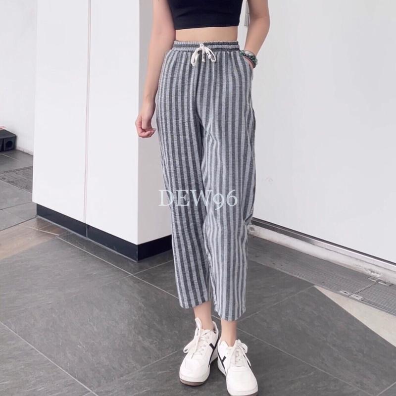 Quần baggy nữ kẻ sọc chất vải đũi dạ thoáng khí mềm mịn ít nhăn, lưng cao cạp chun dây rút có túi