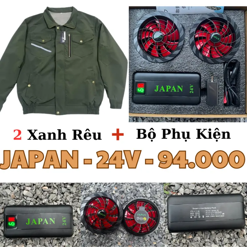 Bộ 2 Áo + 1 Phụ Kiện Điều Hòa JAPAN 24V 6 cấp gió - Pin khủng 94000mah 24V + sạc + quạt 9 cánh️ 24V (12-16 tiếng) .Tặng kèm đá khô 1