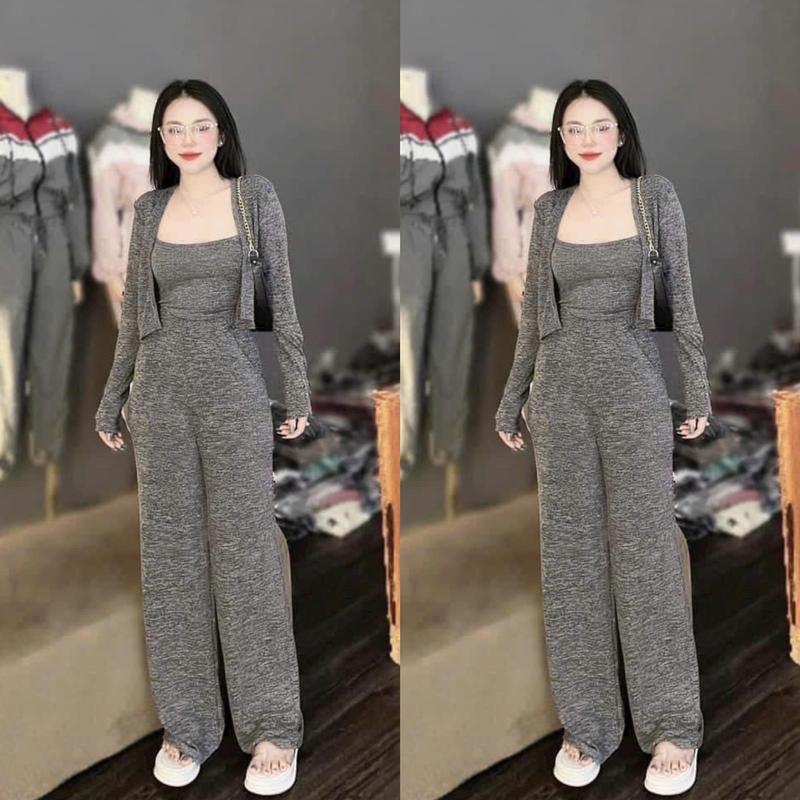 Set Bộ Gân Tăm Trơn 3 món Tay dài Nữ Women Top Thun Voi Nhung Áo Ong