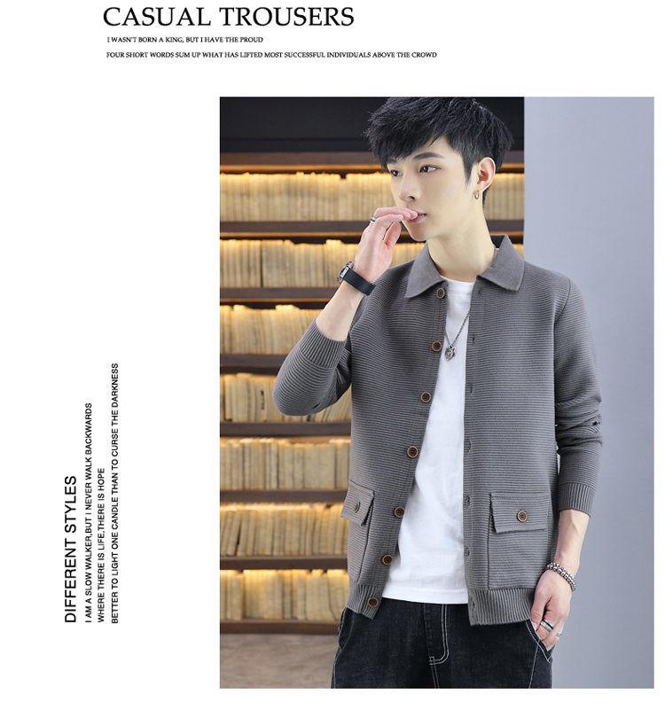 Product Introduction of Spring and Autumn Lapel Knitted Cardigan Men's Coat Trendy Casual Belt Button Solid Color Outerwear Sweater Men's Line Clothes Nam 24
