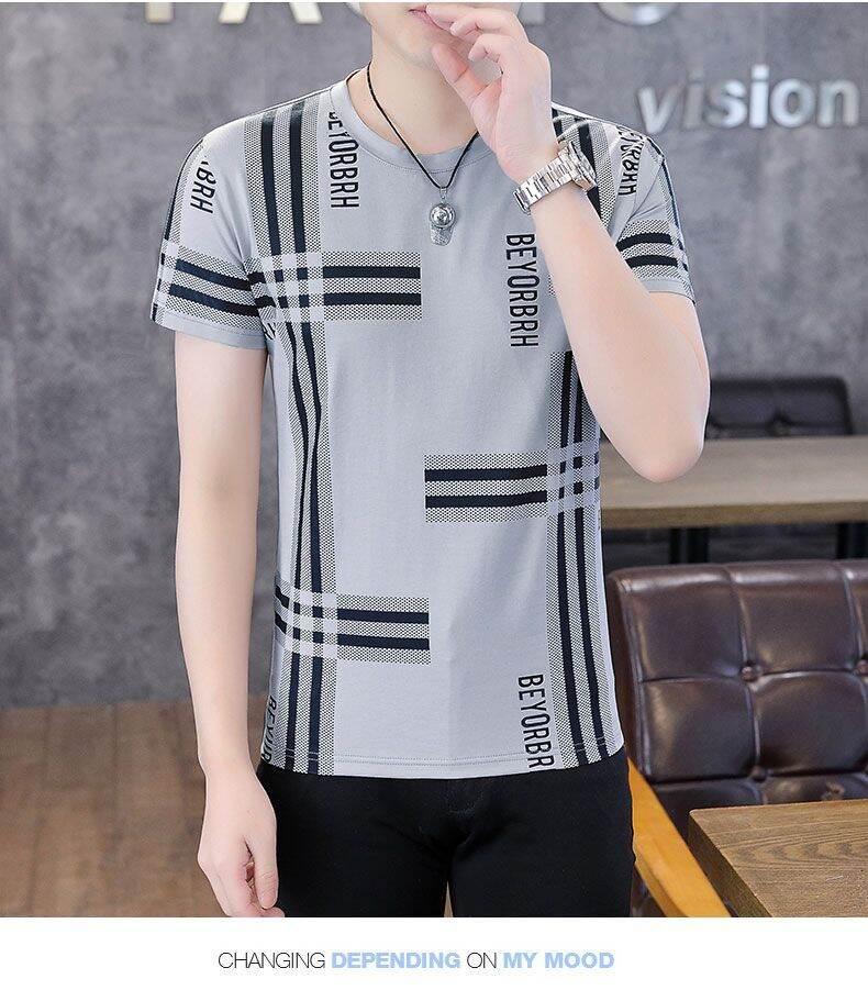 Product Introduction of High-End Ice Silk Short Sleeve T-Shirt Men's Slim Fit round Neck Youthful Summer Casual Shirt Thin Fabric Collision Color 16