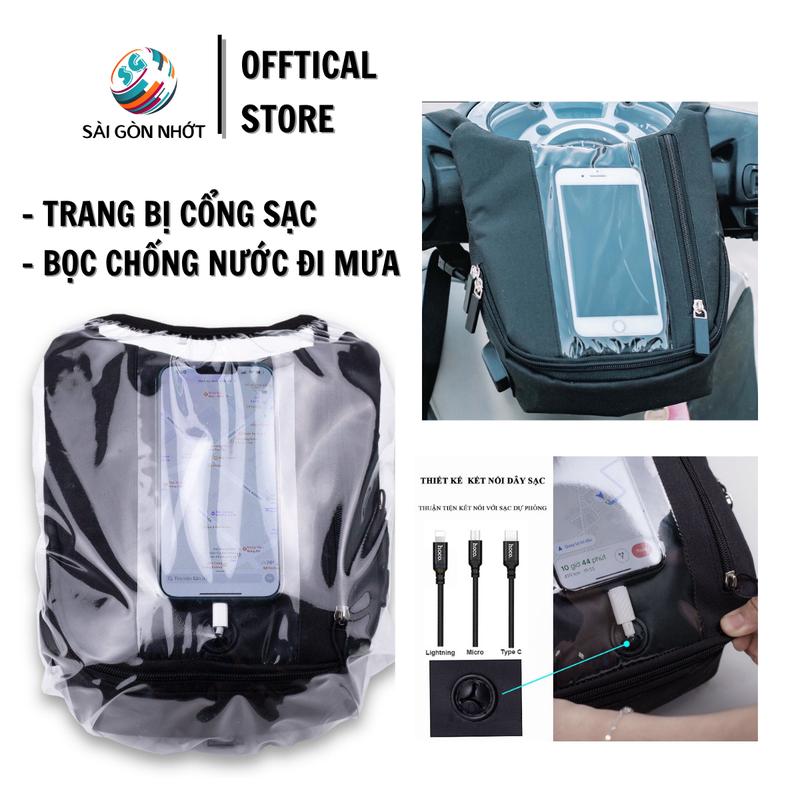 COMBO Bọc Trùm Chống Nước + Túi treo đầu xe máy, túi treo điện thoại có cảm ứng, túi chạy grab, xem bản đồ, có lỗ dây sạc điện thoại
