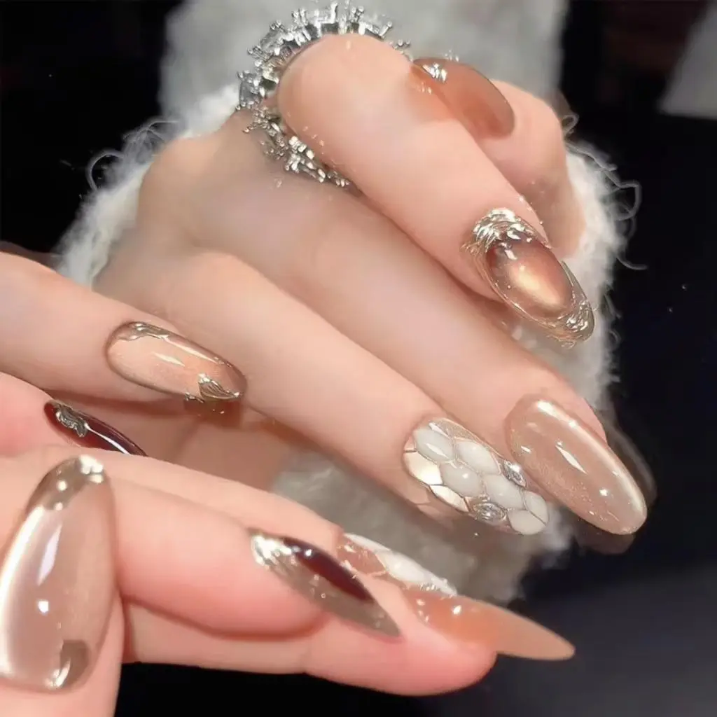【MDS】Hand-painted brown nail art style aura whitening autumn and winter wear nail art