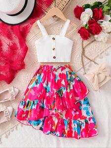 Conjunto de dos piezas para niña con top corto sin mangas y falda con estampado de flores, top sin mangas casual y falda con cintura elástica para uso diario, ropa de verano para niños