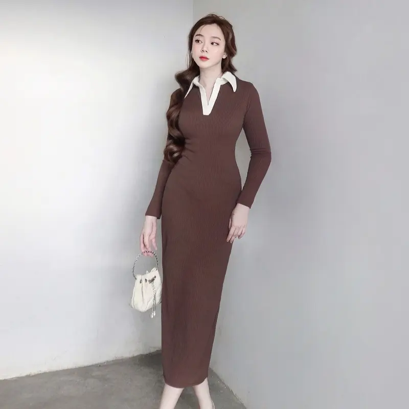 Đầm Nữ Cổ Trụ Phối Màu Tay Dài Chất Len Tăm Co Giãn KA11  Women 3