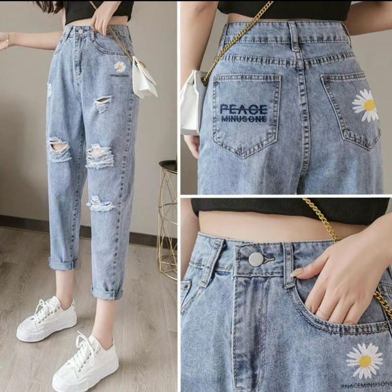 Quần Jean Nữ Thêu Hoa Cúc Rách Toàn THân Lai Thường Wash Xanh Bạc V227 - Nữ - Ong, Women