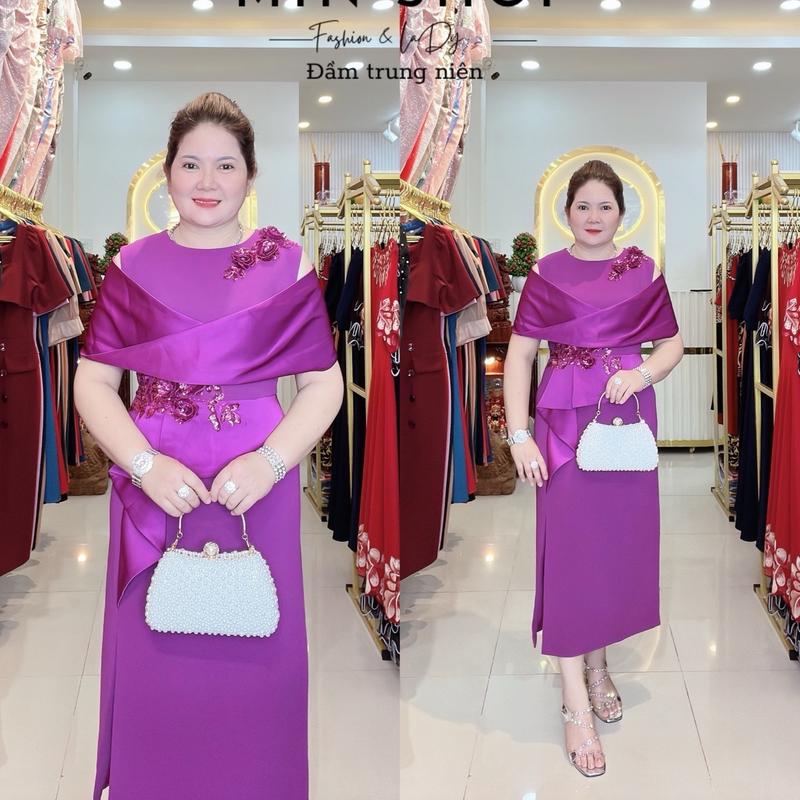 Đầm ren trung niên quảng châu cao cấp dự tiệc sang trọng M10 Nữ Women - Sen, Dress Voi Voan