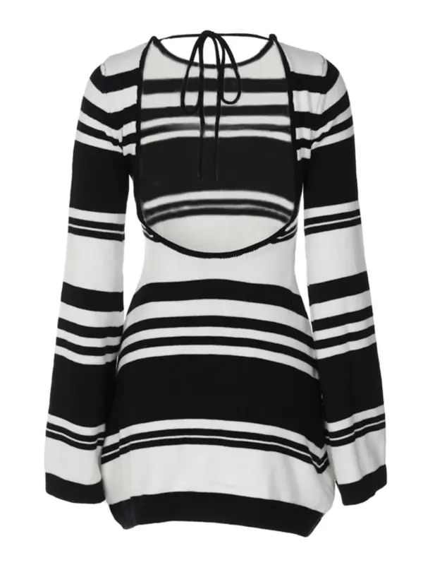 Women's Striped Print Backless Tie Back Sweater Frenchy Style Knitted Dress, Long Sleeve Crew Neck Dress for Spring & Fall, Holiday Dress 2024, Fashion Casual Dresses for Women Daily Wear, Holiday Summer Clothes, Dresses for Women 8
