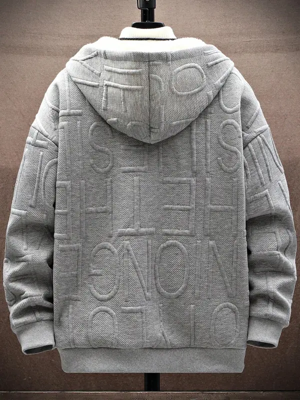 Men's Letter Embossed Drop Shoulder Zip Up Hooded Jacket, Regular Fit Casual Long Sleeve Drawstring Pocket Outerwear for Fall & Winter, Men's Clothes for Daily Wear 1