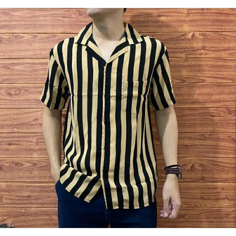 kemeja salur stripe kerah piyama Tidur Pendek Pria Motif