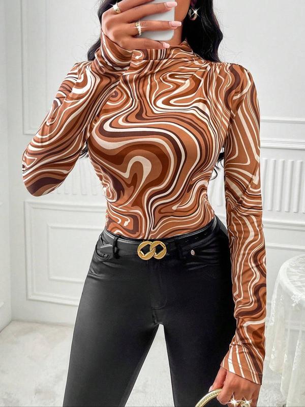 Women's Marble Print Mock Neck Tee, Elegant Casual Long Sleeve T-shirt for Daily Wear, Ladies Clothes for All Seasons 5