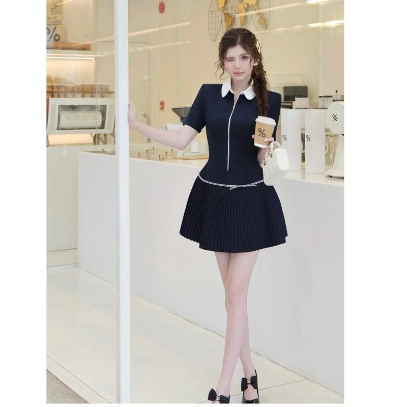 [Chất liệu chéo ý] Váy đầm cổ sen kéo khoá chất liệu chéo ý cao cấp sước bản mới sang chảnh tiểu thư ép mùng toàn váy có quần bo chun, váy có màu xanh navy và đen sang chảnh có đệm cầu vai may hai lớp và quần bo chun đủ 1