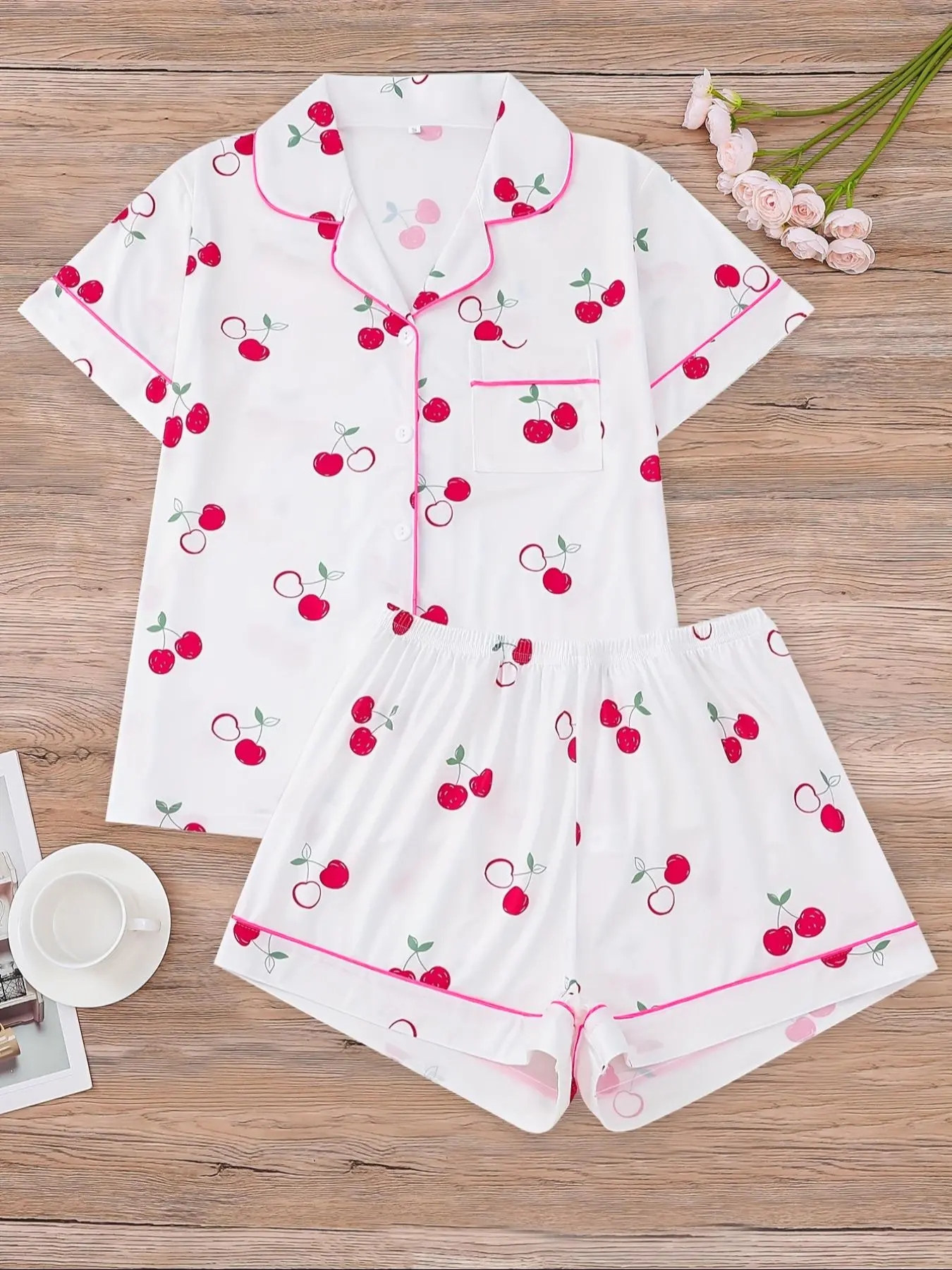 Women's Cherry Print  Shirt & Elastic Waist Shorts Pajama Two-piece Set, Casual Comfy Short Sleeve  Top & Shorts Pj Set, Ladies Sleepwear for All Seasons