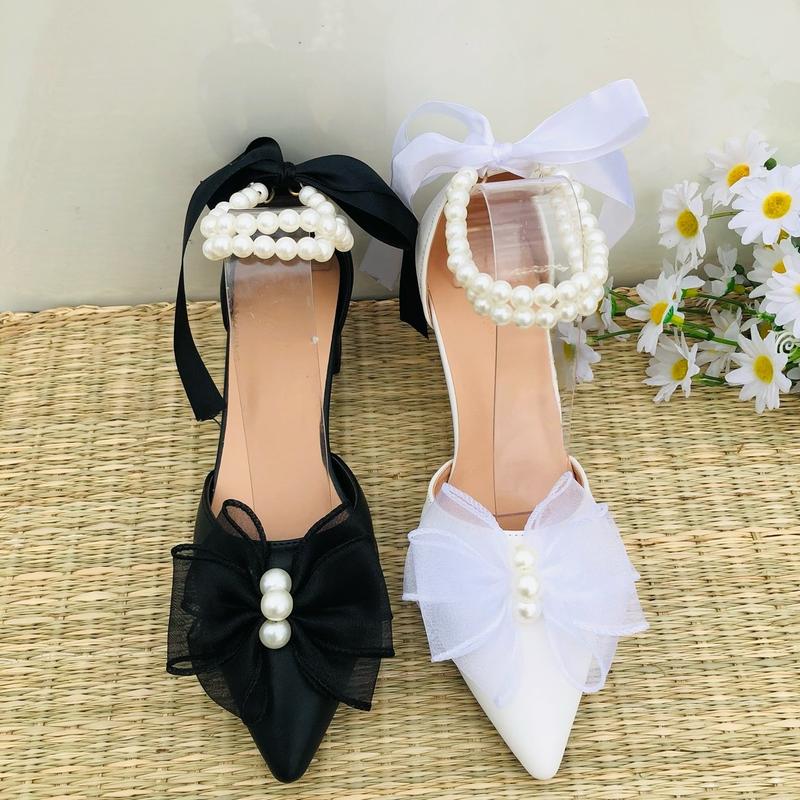 Giày dép sampo hậu bít tổ yến dây Ngọc nơ 3 hạt Ngọc DéP Nữ Shoes Sandal Đồng hậu nơ dép mũi nhọn đế thấp guoc xinhsang chanh guốc mũi nhọn sandal đế xuồng 5 phân