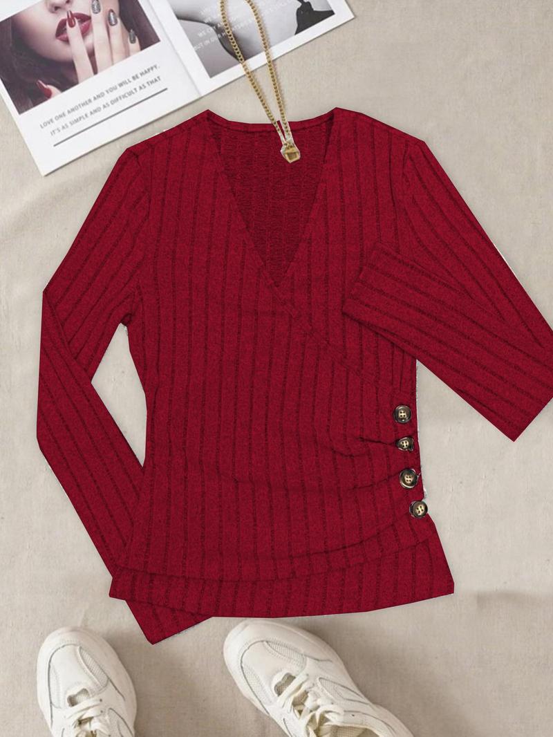 Product Introduction of Women's Plain Textured Fake Buttons Wrapped Ruched V Neck Tee Without Necklace, Elegant Casual Long Sleeve T-Shirt, Ladies Fall & Winter Top 9