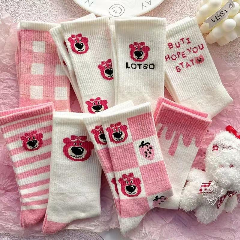 Pink Bear Cartoon Cute Sweet College Style Autumn Winter Stockings Women 8