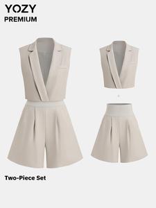 YOZY Women's Solid Color Vest & Shorts Set, Casual Sleeveless Outerwear & Shorts for Summer, Ladies Clothes for Work Office Business