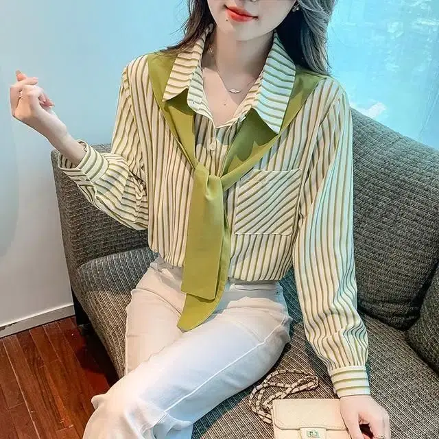 Áo Sơ Mi Có Túi Kẻ Sọc Giả Hai Lớp, Phong Cách Preppy Khâu Khăn Choàng, Hợp Xu hướng Mùa Thu, Dáng Rộng Vừa Vặn, Phong Cách Phương Tây