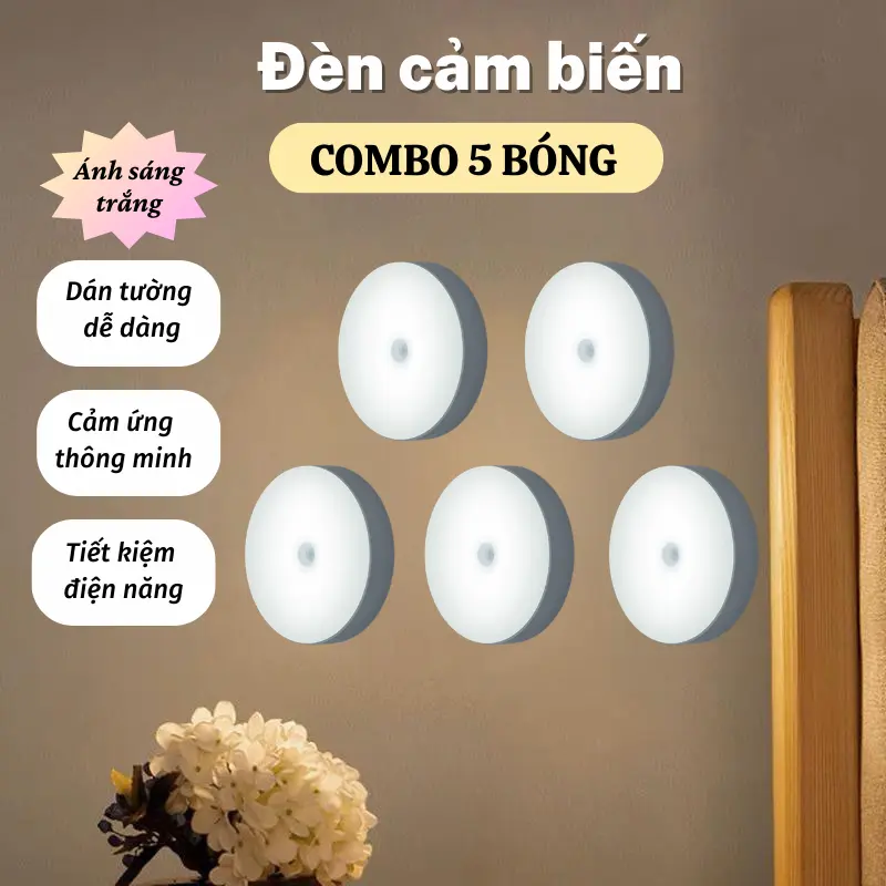 Combo 5 Bóng Cảm Biến Tròn Ánh Sáng Trắng Dán Tường Tủ Cầu Thang Hành Lang Tích Điện Không Dây Thông Minh