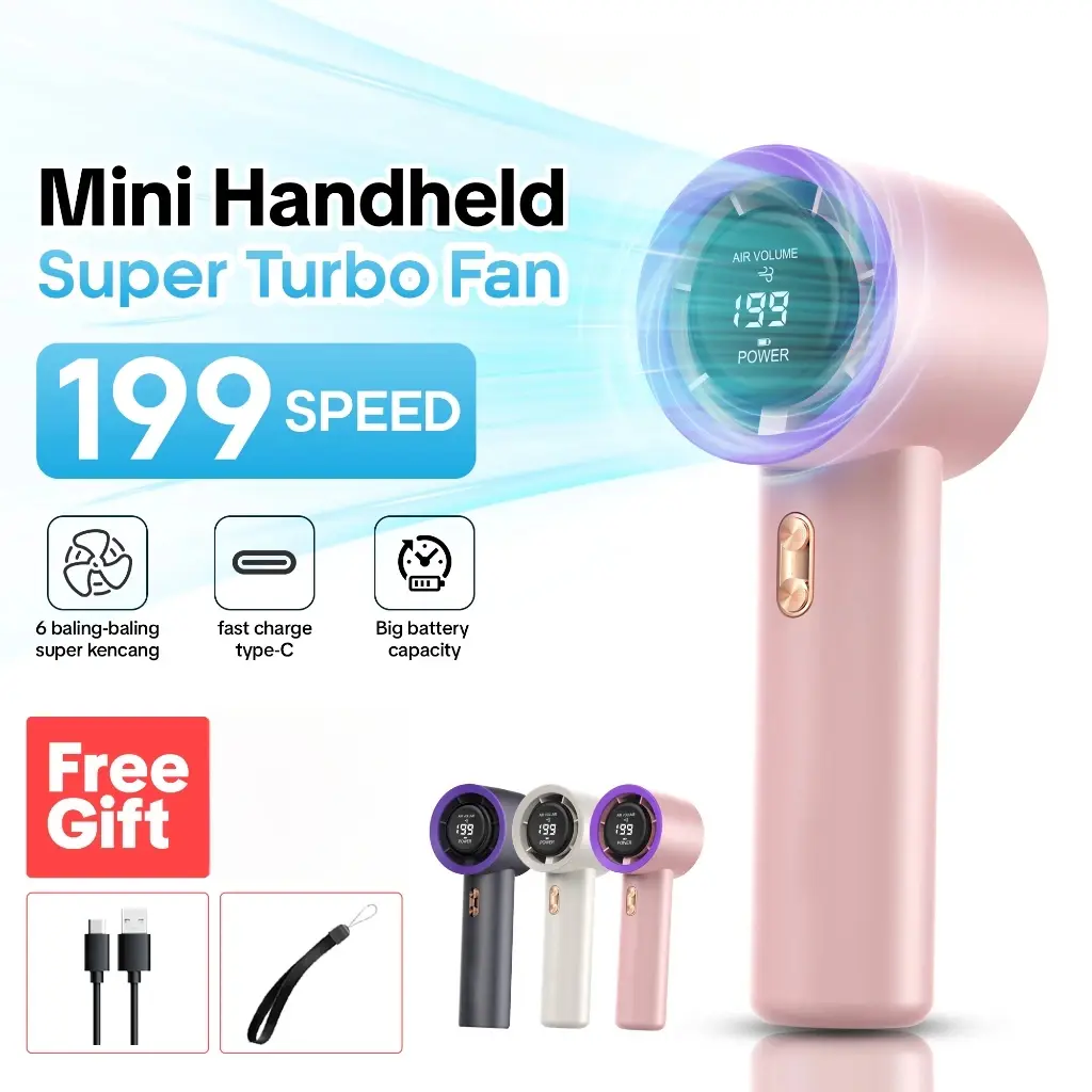 【Garansi 5 tahun】Portabel Mini Fan High-speed Kipas Strong Wind 100 Gear Adjustable Turbo kipas Kipas Angin Semi-Conductor Fan Digital Display Adjustable Turbo