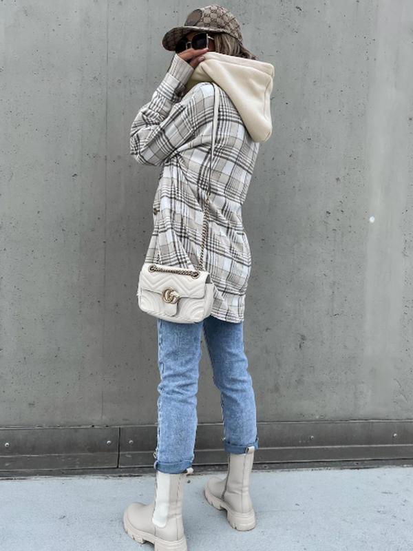 Women's Plaid Print Flap Pockets Button Front Hooded Overcoat, Casual Fitted Drop Shoulder Hooded Coat for Fall & Winter, Women's Clothing, Please Purchase A Size Up 7