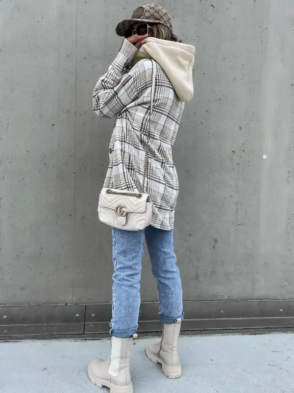 Women's Plaid Print Flap Pockets Button Front Hooded Overcoat, Casual Fitted Drop Shoulder Hooded Coat for Fall & Winter, Women's Clothing, Please Purchase A Size Up 7