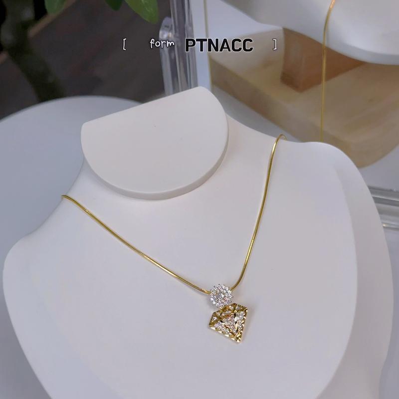 PTNACC dây cổ, khuyên tai xi mạ màu vàng đính đá tấm mini hình kim cương cho phụ nữ 2