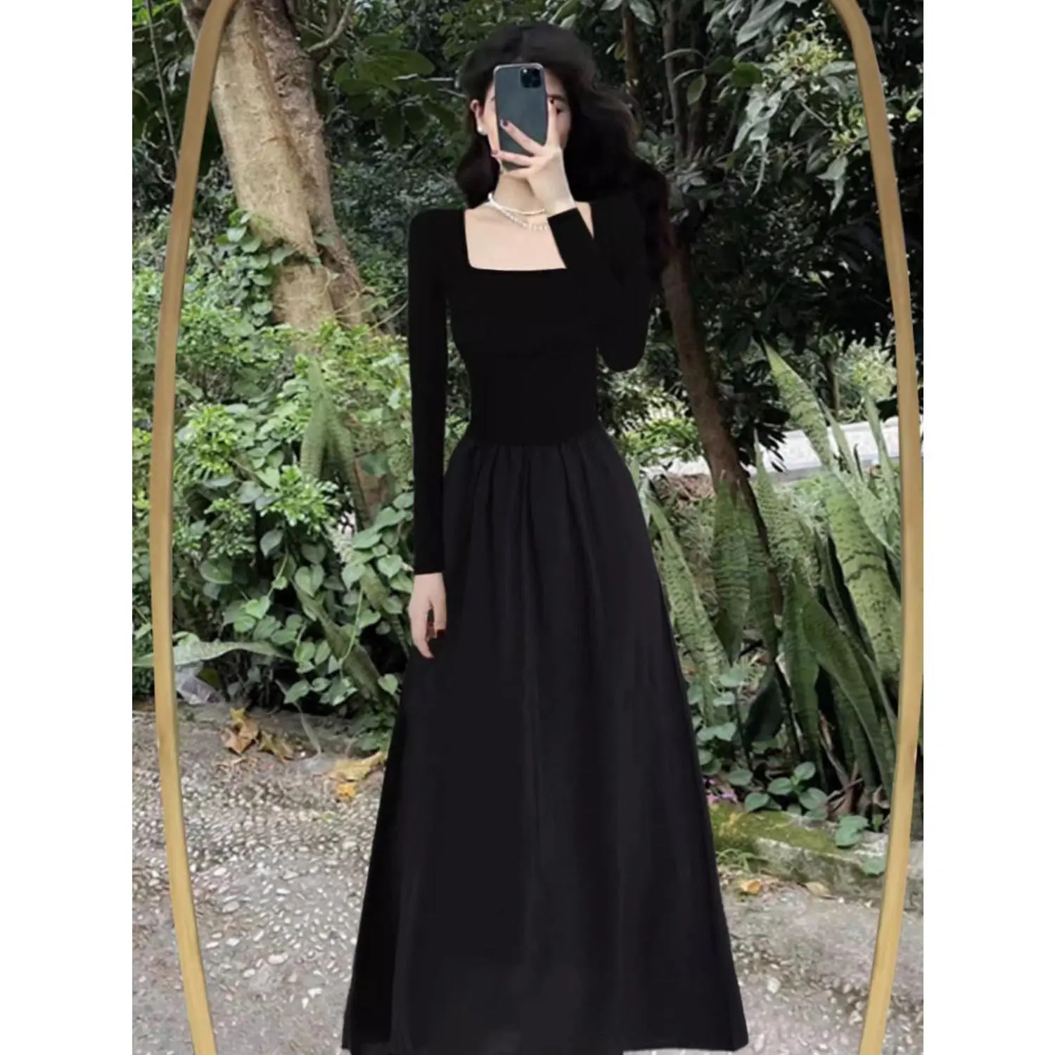 2026 Hot New Black Tea Break French Dress  Autumn High-End Hepburn Style  Elegant Square Neck Slim Fit Long Dress for Women - TikTok Shop Philippines