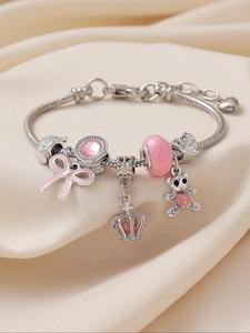 Pulsera de dijes con diseño de Oso de Dibujos Animados, Corazón y Corona, Pulsera de eslabones ajustable con decoración de diamantes de imitación, Accesorios de moda para Mujeres y Niñas