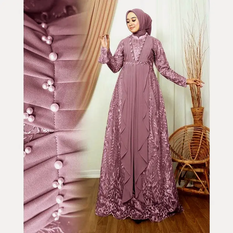 MAXI SHANIA FULL BRUKAT | M L XL XXL 3XL | GAMIS BUSUI TERBARU FASHION MUSLIM WANITA Hitam Cokelat Navy Bunga Putih 8