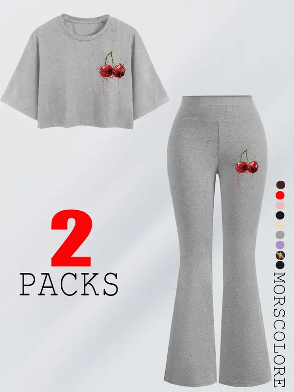 Women's Cherry Print Tee & Flare Leg Pants Two-Piece Set, Casual Fashion Cozy Round Neck T-shirt & Trousers for Daily Outdoor Wear, Ladies Clothes for All Seasons 1
