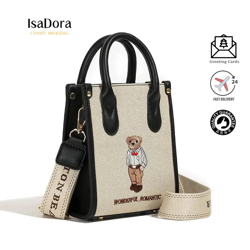Beautiful Ladies Handbag Handbag Cross Rectangle Stand Up Embroidered Pattern Cute Bear Figure Outbound