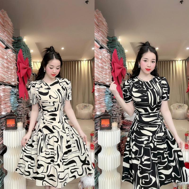 (M99) Đầm lụa thiết kế tay bồng nhẹ tà nhún hoạ tiết cách điệu đầm đi dự đám cưới váy đi tiệc đi làm đi chơi đều đẹp by Thương Lê M99